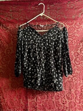 Phildar Paris Bird Print Cold Shoulder Blouse Black White Boho Chic Size US M